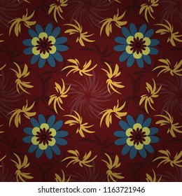 Vector illustration. Vintage garden natural seamless pattern with abstract stylized brown, yellow and red flowers, botanical illustration, cute print.