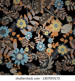 Vector illustration. Vintage garden natural seamless pattern with abstract stylized black, gray and orange flowers, botanical illustration, cute print.