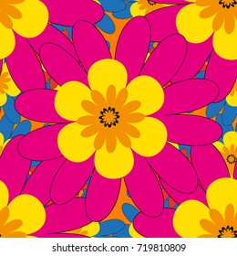 Vector illustration. Vintage garden natural seamless pattern with abstract stylized magenta, yellow and blue flowers, botanical illustration, cute print.