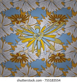 Vector illustration. Vintage garden natural seamless pattern with abstract stylized gray, blue and orange flowers, botanical illustration, cute print.