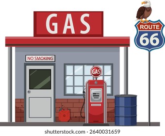 Vector illustration of a vintage gas station on Route 66 with classic pump and signage