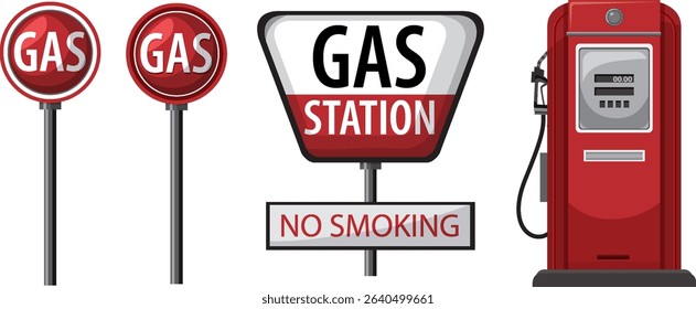 Vector illustration of vintage gas station signs and pump. Bold red and white color scheme with clean, classic design