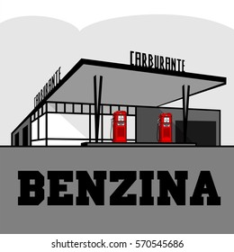 Vector illustration of vintage gas stations. Retro gas stations. Oil, fueling petrol with shop. Advertisements, brochures, business templates. Isolated on a white background