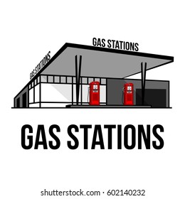 Vector illustration of vintage gas stations. Retro gas stations. Oil, fueling petrol with shop. Advertisements, brochures, business templates. Isolated on a white background