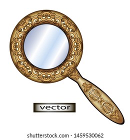 Vector illustration of vintage gold hand mirror on gold handle with pattern