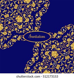 Vector illustration with vintage gold round ornament and place for text.Design elements for invitation, greeting cards, banners, backgrounds