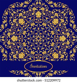 Vector illustration with vintage gold round ornament and place for text.Design elements for invitation, greeting cards, banners, backgrounds