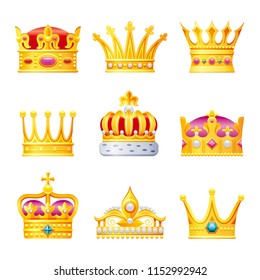 Vector illustration of vintage golden crowns with gems, isolated on white background. 3d realistic royal icon set. Cartoon luxury jewelry symbol for king queen prince princess. Retro emblem, flat sign