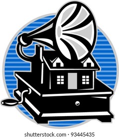 vector Illustration of a vintage gramophone with an old house cottage done in retro woodcut style with circle in the background.