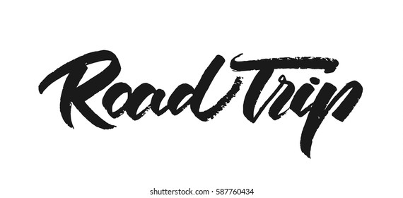 Vector illustration. Vintage grunge Hand drawn lettering of Road Trip on white background.