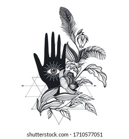 Ilustración vectorial Mano Vintage con todos los ojos, plantas, plumas. Dibujo a mano de una ilustración esquemática con símbolos místicos y ocultos. Espiritualidad, astrología y concepto esotérico. Imagen para tatuaje