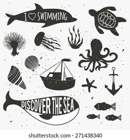 Vector illustration. Vintage hand drawn nautical set with plants, dolphin, whale, octopus, jellyfish, algae, starfish, boat, seashells, ship silhouettes