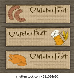 Vector illustration of vintage hand drawn banner for Oktoberfest with beer mug, sausage, chicken and wheat on artistic background.