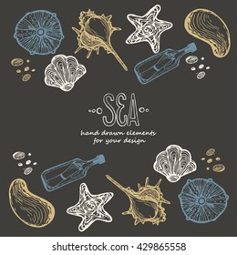 Vector illustration. Vintage hand drawn elements in nautical style. Perfect as background for greeting cards, business cards, covers, and more. Vector Illustration.