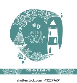 Vector illustration. Vintage hand drawn elements in nautical style. Perfect as background for greeting cards, business cards, covers, and more. Vector Illustration.