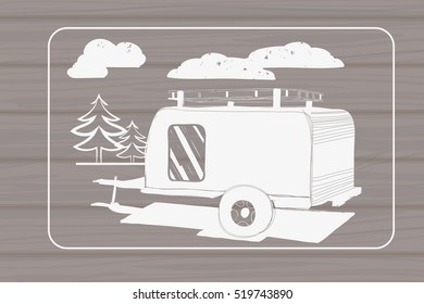 Vector illustration of Vintage Hand Drawn logos design on wood background, Camper trailer, car Recreation transport, Vehicles Camper Vans Caravans Icons, badges, stamp, print, types, sign.