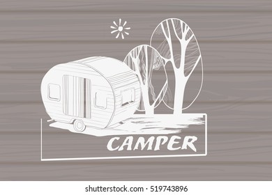 Vector illustration of Vintage Hand Drawn logos design on wood background, Camper trailer, car Recreation transport, Vehicles Camper Vans Caravans Icons, badges, stamp, print, types, sign.