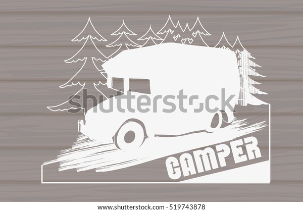 Vector\
illustration of Vintage Hand Drawn logos design on wood background,\
Camper trailer, car Recreation transport, Vehicles Camper Vans\
Caravans Icons, badges, stamp, print, types,\
sign.