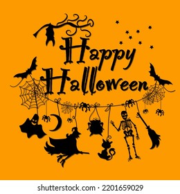A Vector Illustration Of Vintage Happy Halloween Hanging Decorations Paper Cut. Fancy Elements Bats, Spider Web, Skeleton, Ghost, Potion, Witch, Broom Stick, Cat.  Website Spooky, Background Or Banner