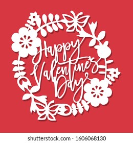 A vector illustration of vintage happy valentine's day flowers leaves wreath paper cut.