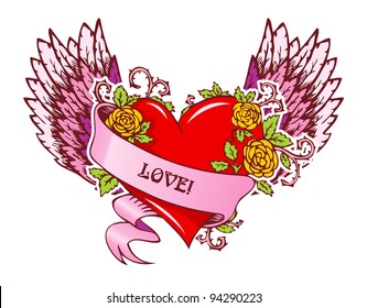 Vector illustration of Vintage heart with wings