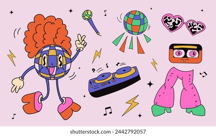Vector illustration. Vintage hippie stickers set. Comic happy retro stickers, characters in trendy retro 60s 70s cartoon style. Collection in pastel palette. Concept of nostalgic vintage, art.