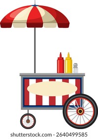 Vector illustration of a vintage hot dog cart with umbrella, featuring mustard and ketchup bottles