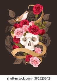 Vector illustration of vintage human skull with roses and nightingale on dark background