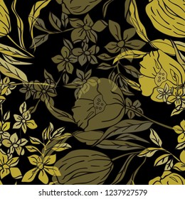 Vector illustration of vintage inspired stylized golden yellow daffodils and tulips with transparent layers blooming at night. Perfect for gift wrap, wallpaper, background, scrapbooking, fabric