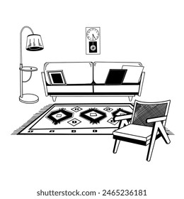 Vector illustration. Vintage interior design, armchair, sofa, carpet, floor lamp, wall clock. Everything is hand-drawn in black vector. Suitable for printing on paper and fabric, for interior design.