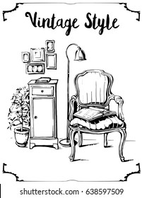 Vector illustration of vintage interior with sofa, lamp and pictures. Black line silhouette.
