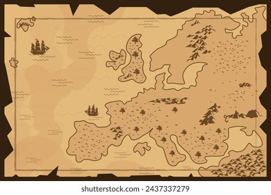 Ilustración vectorial del mapa de la isla vintage en pergamino con dibujos cartográficos. Escena de dibujos animados de un hermoso mapa antiguo del mar con barcos y tierra, islas con iconos de árboles, montañas.