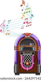 Vector illustration of a vintage jukebox emitting vibrant musical notes. Bright colors and classic design evoke nostalgia and joy
