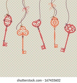 Vector illustration with vintage keys, bows and beads