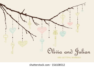 Vector illustration of vintage keys and hearts hanging on the branch. Eps 10