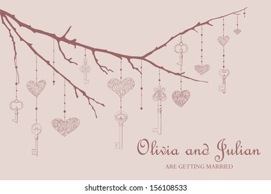 Vector illustration of vintage keys and hearts hanging on the branch. Eps 10