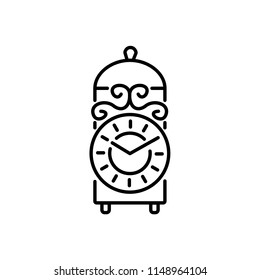 Vector illustration of vintage lantern desk clock. Line icon of old decorative tabletop clock. Isolated object on white background. Front view.
