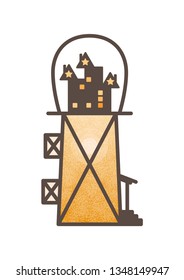 Vector illustration of a vintage lantern. Orange lamp with the city. Houses with light in the windows and roofs. Little village. Windows in the form of stars. Interior lighting. Lamp icon

