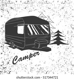 Vector illustration of Vintage lettering travel, Vehicles Camper Vans Caravans typographic, camp calligraphy, silhouette trailer, caravan for camping. Print for Logo textile with text