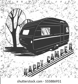 Vector illustration of Vintage lettering travel, Vehicles Camper Vans Caravans typographic, camp calligraphy, silhouette trailer, caravan. Print for textile with text