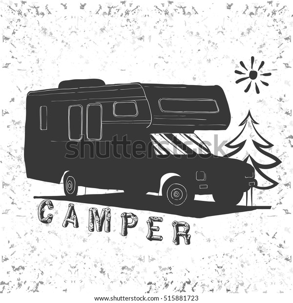 Vector illustration\
of Vintage lettering travel, Vehicles Camper Vans Caravans\
typographic, camp calligraphy, silhouette trailer, caravan. Print\
for textile with text