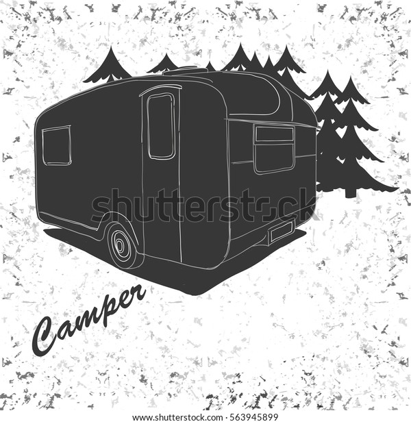 Vector illustration
of Vintage lettering travel, Vehicles Camper Vans Caravans
typographic, camp calligraphy, silhouette trailer, caravan. Print
for textile with text