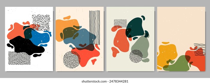 Vector illustration. Vintage liquid shape banner set. Retro twisted shapes composition. Design element for poster, flyer, book or magazine cover, brochure, room wall decor. Nordic hand drawn elements