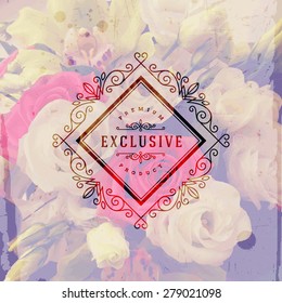 Vektorgrafik - Vintage-Logo-Emblem mit floralem kalligrafischen, eleganten Zierrahmen auf floralem Hintergrund