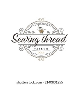 Vector illustration of a vintage logo for a tailor's workshop and a handmade clothing store. design schedule for logo abstract spool with gold thread and needle