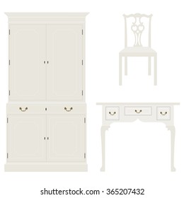 Vector illustration vintage luxury white table, cabinet and chair. Retro furniture. Console table