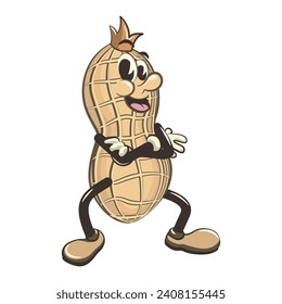 vector illustration vintage mascot character cute peanut with crown pose folding hands calmly