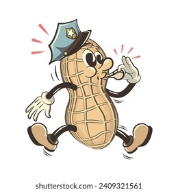 vector illustration of vintage mascot character peanut wearing a police hat and blowing a whistle loudly