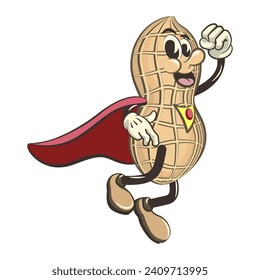 vector illustration of vintage mascot character of peanuts as superhero flying in his red cape