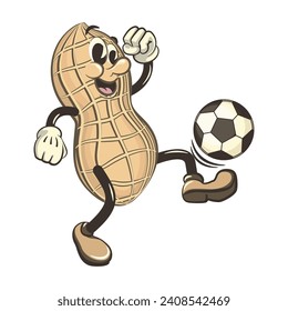 vector illustration vintage mascot cute peanut character playing football or soccer
